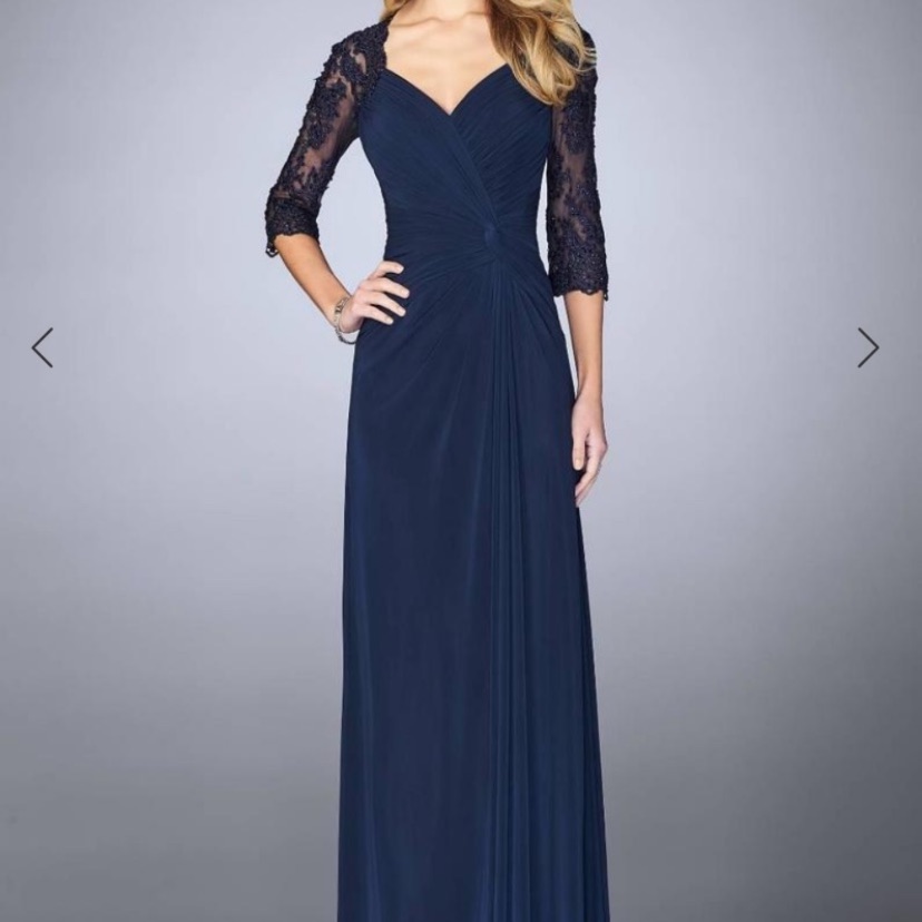 Nwot La Femme Navy Mesh Embellished Sleeve Gown